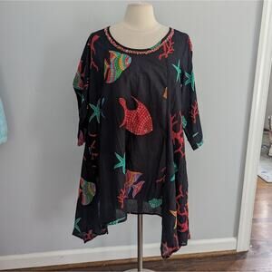 Women's Antica Santori Black Beaded Fish Tunic Blouse Top Small Medium Coverup